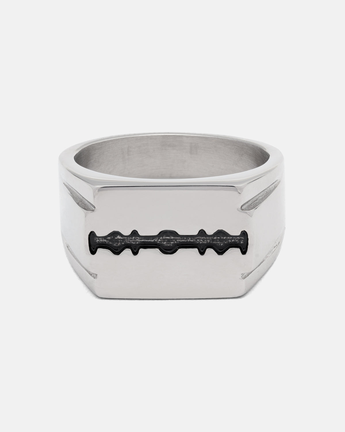 The Razor Blade Signet Ring by STATEMENT is crafted from stainless steel and showcases a flat front face with a bold black razor blade design engraved against a plain white background—an ideal choice for anyone drawn to distinctive punk jewelry.