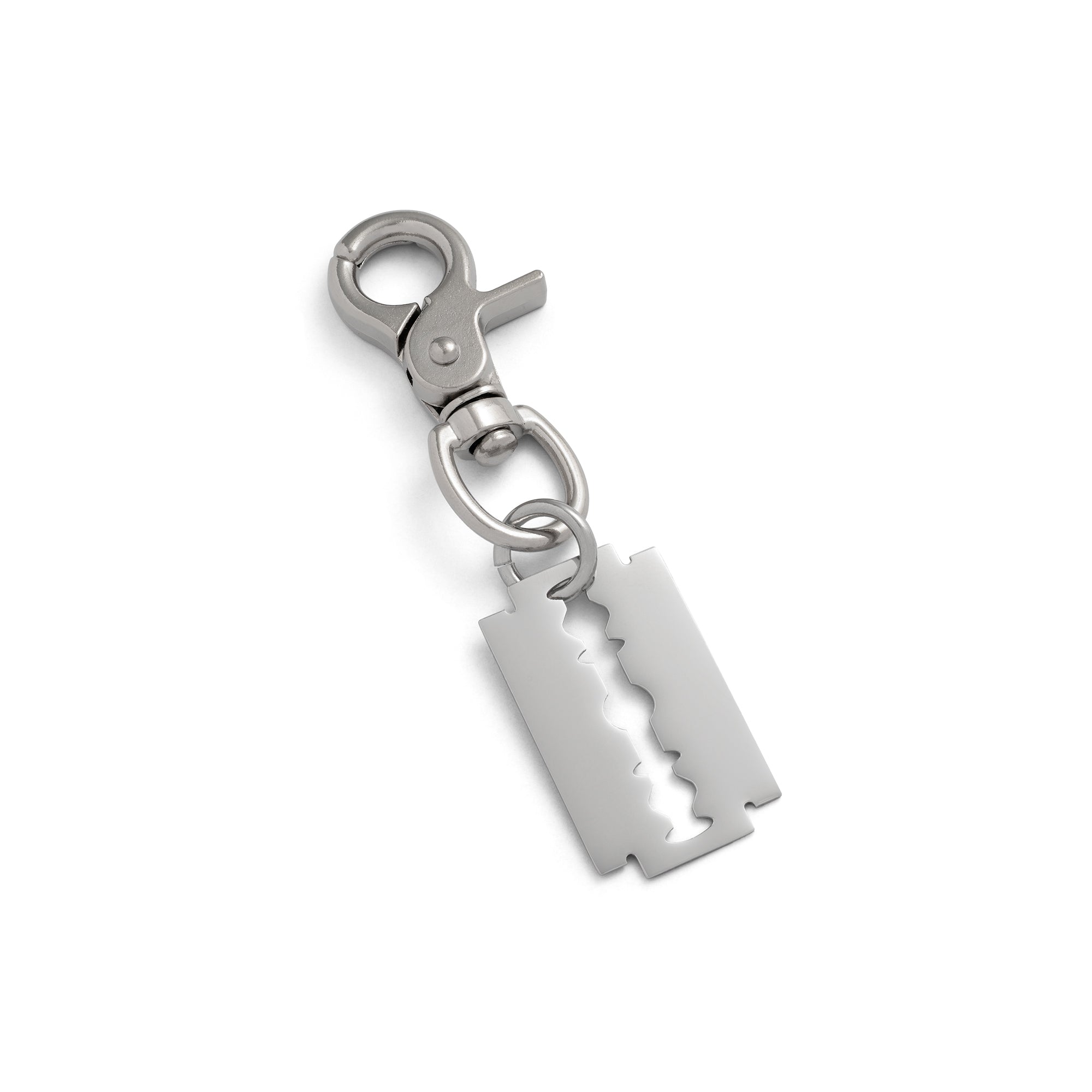 Silver keychain with razorblade tag charm on a white background