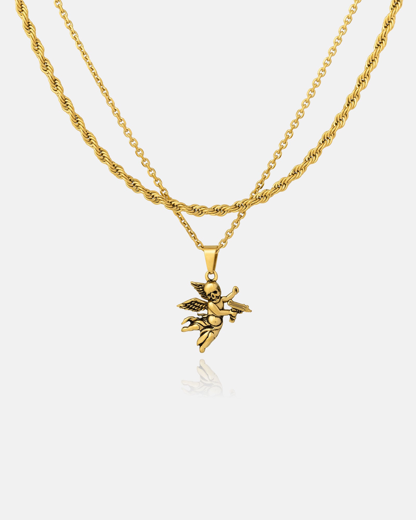 The Rope Set (Custom Pendant Choice) (Gold) features an 18k gold double-layered necklace with a twisted rope chain and a thinner chain, customizable with your choice of detailed pendant, all set against a plain white background.