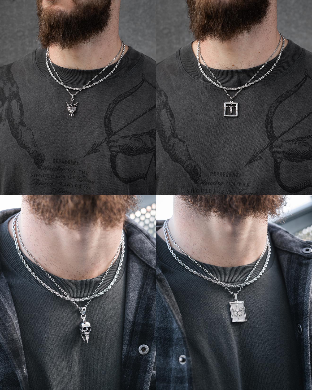 Four close-up images show a bearded man wearing the Statement Collective Rope Set (Custom Pendant Choice), featuring layered stainless steel necklaces with various pendants. Hypoallergenic jewelry to match any style.