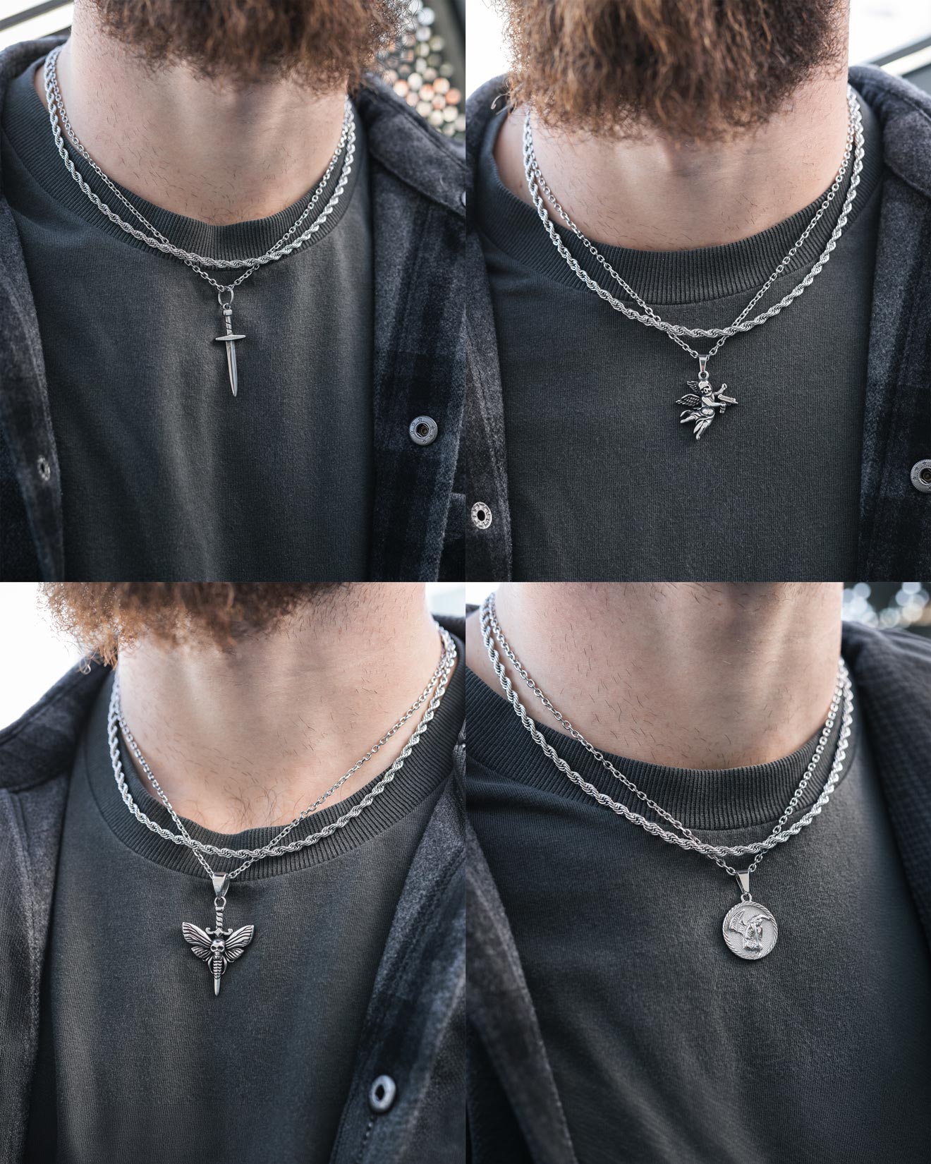 A collage of four close-ups features a person wearing Statement Collective's Rope Set (Custom Pendant Choice), hypoallergenic stainless steel necklaces with different pendants: sword, dragon, moth, and a medallion with a face.
