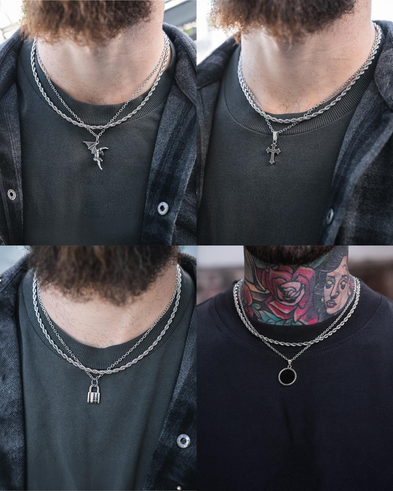 A collage of four close-ups features Statement Collective’s Rope Set (Custom Pendant Choice) stainless steel necklaces—angel, cross, cage, and plain ring pendants—styled over dark clothing for a trendy hypoallergenic look.