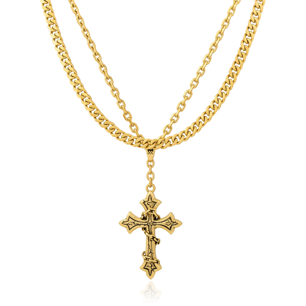 large cross necklace in gold with chain