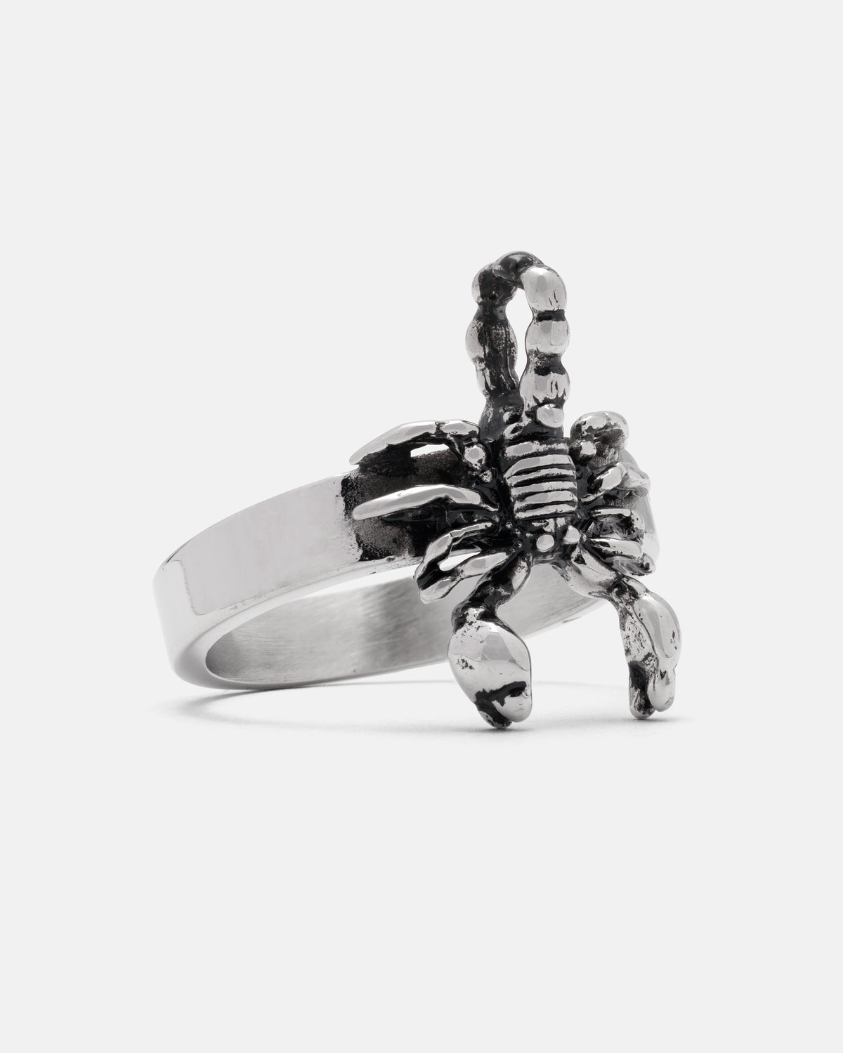 Statement Collective silver-colored stainless steel Scorpion Ring featuring a sculpted scorpion with its tail arched upward.