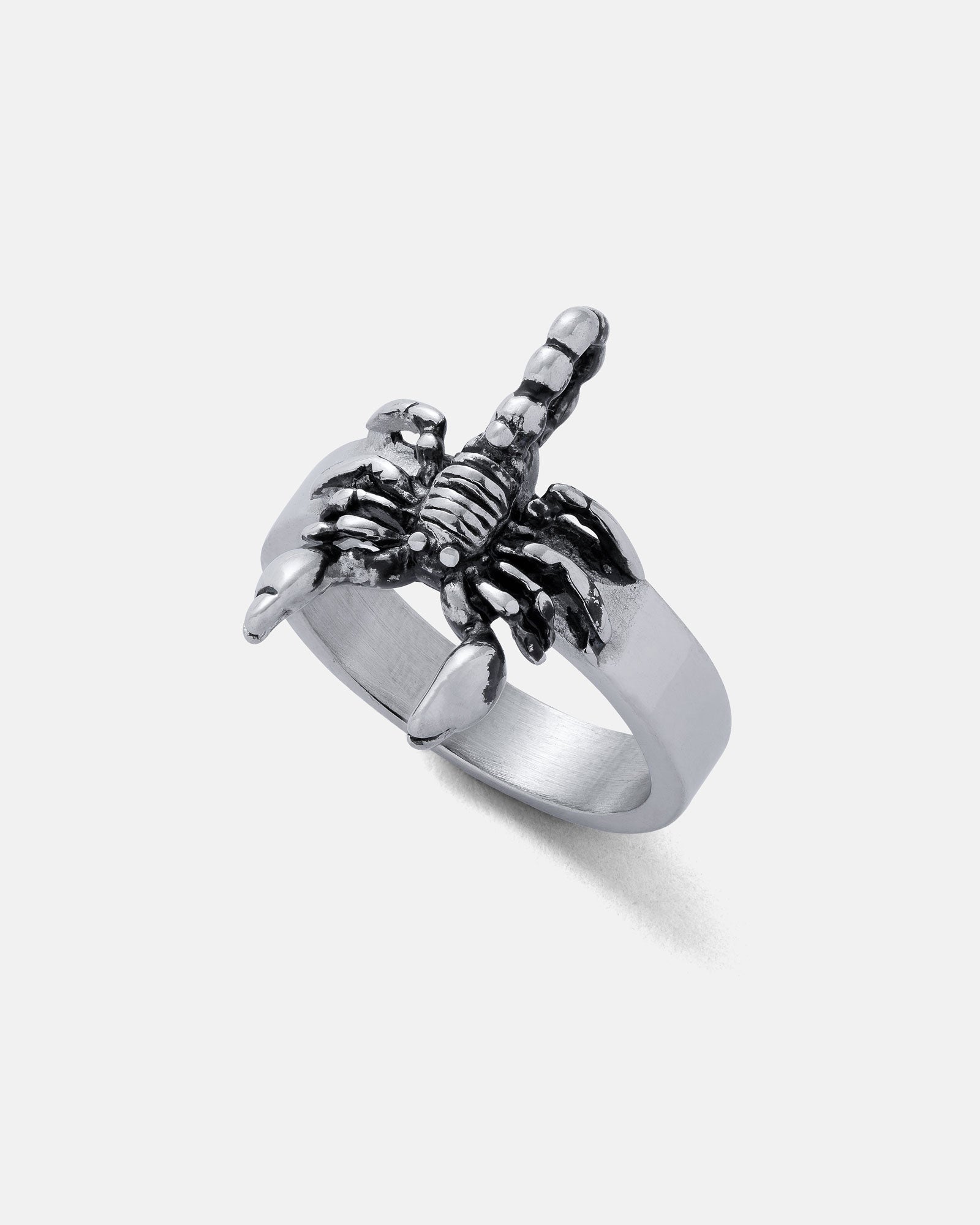 Silver scorpion ring on a white background by statement collective