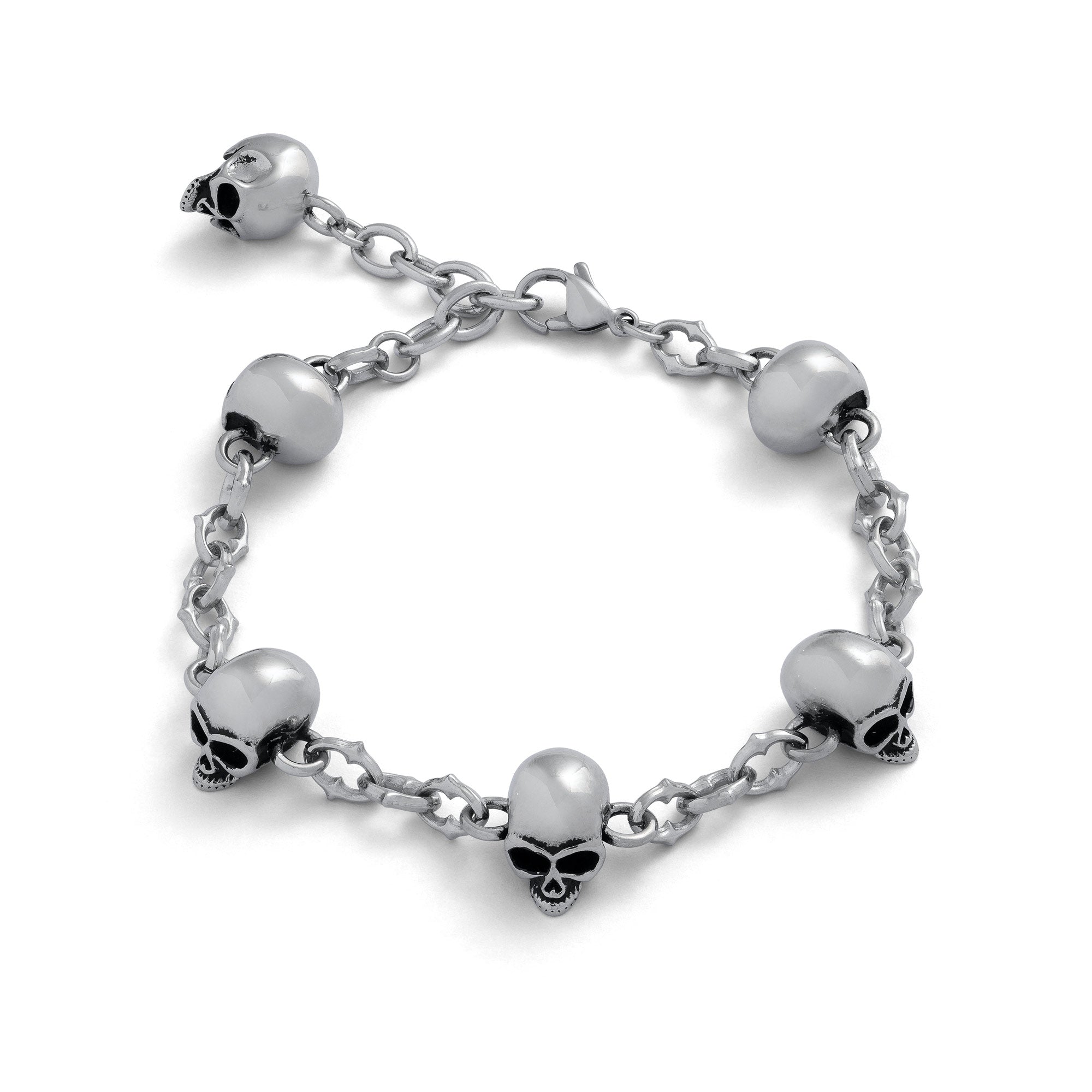 Silver spiked link bracelet with skull links all the way around, with a 5cm extender and skull on end of extender