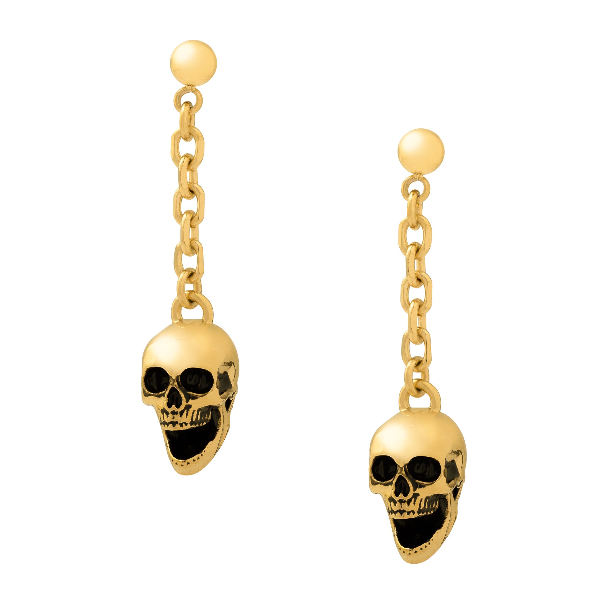 Gold chained laughing skull pendant earrings