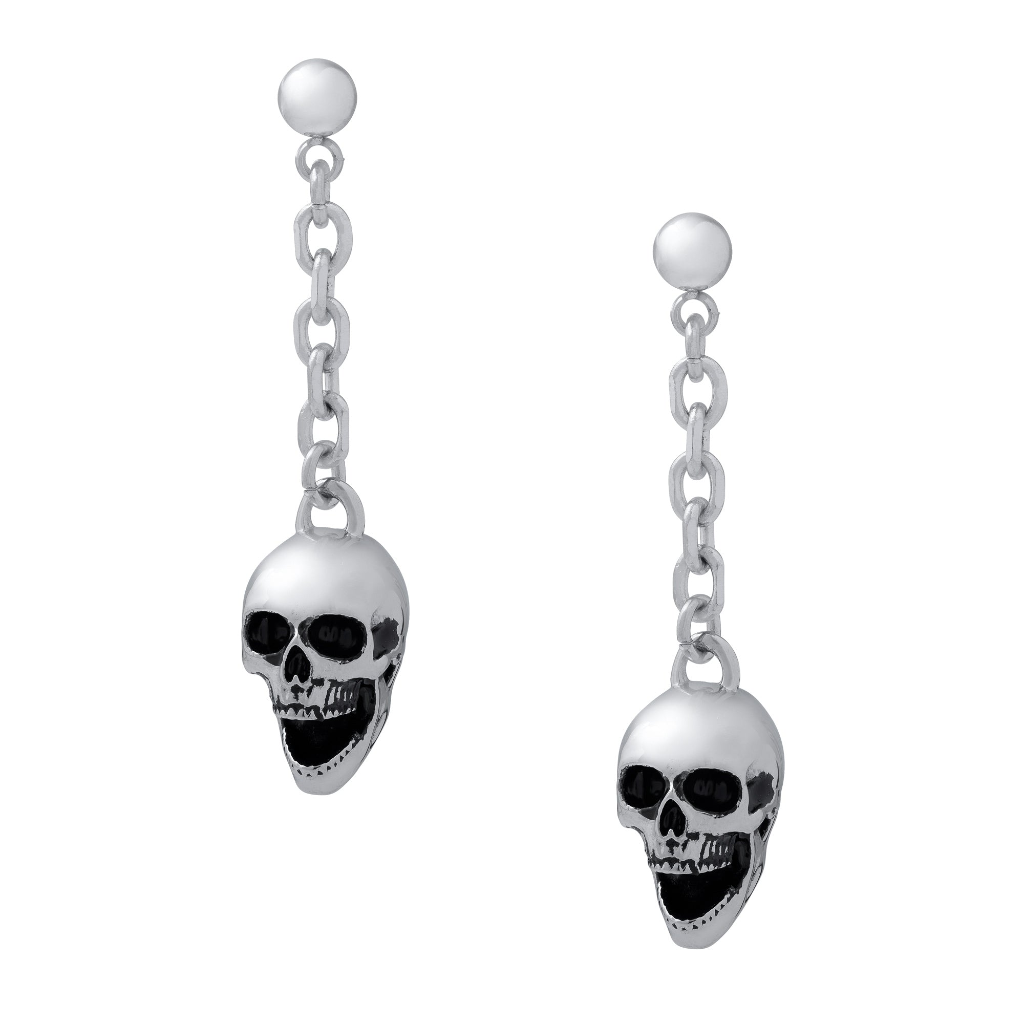 Punk earrings skull with chain in silver