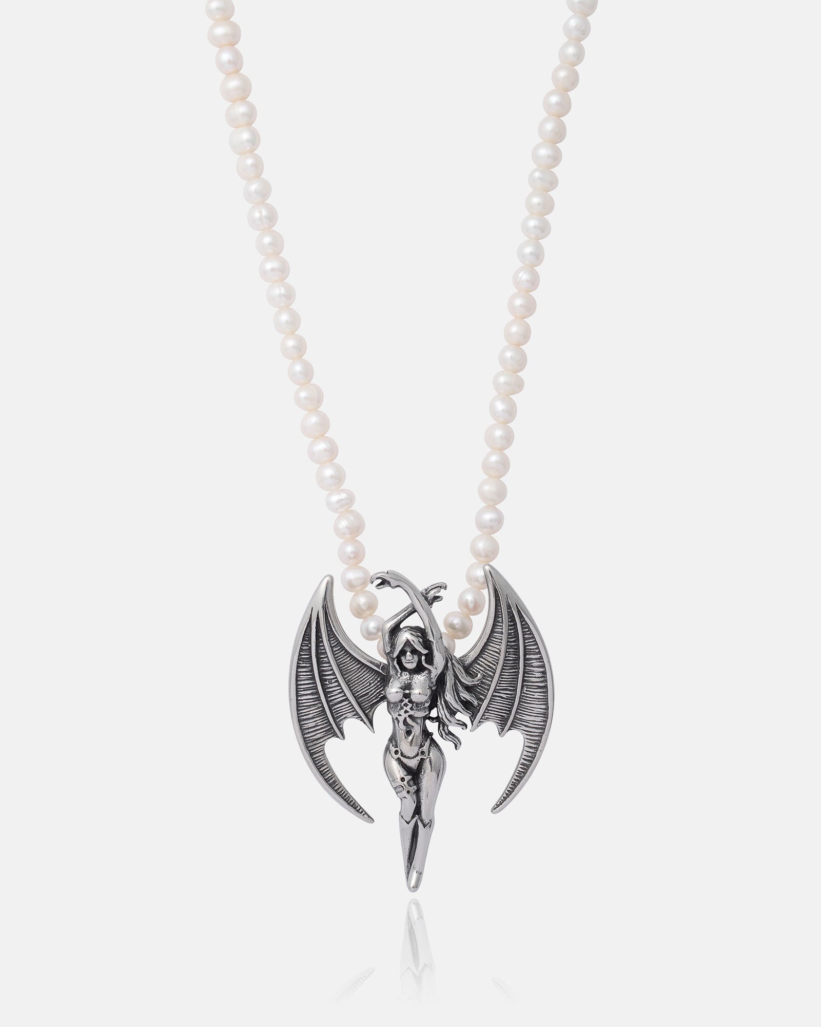 The Freshwater Pearl Necklace With Custom Pendant Choice showcases waterproof pearls and a silver winged female figure pendant with crossed arms, elegantly displayed on a plain white background.