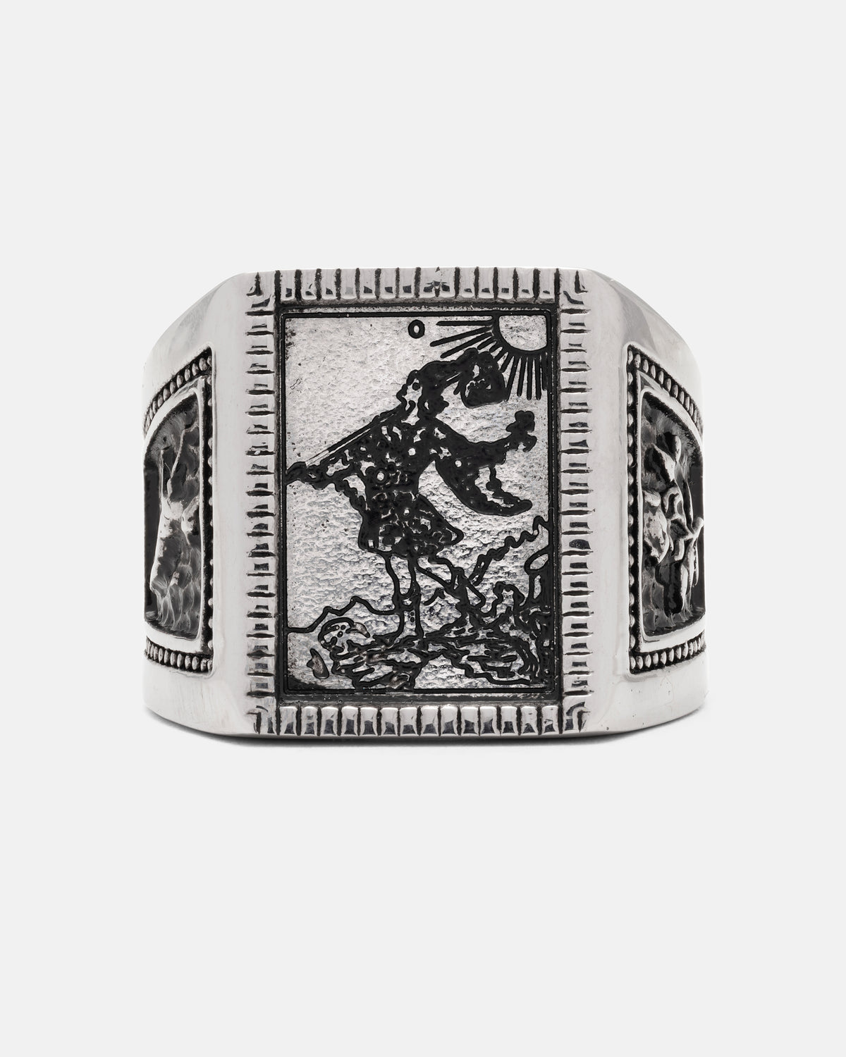Statement Collective Try Hard Fool silver signet ring featuring an engraved rectangular tarot card illustration of a traveler walking under a sun.