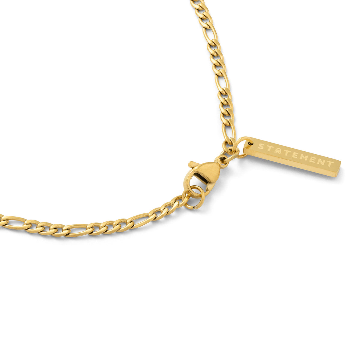 Gold Figaro chain link necklace in gold with tag