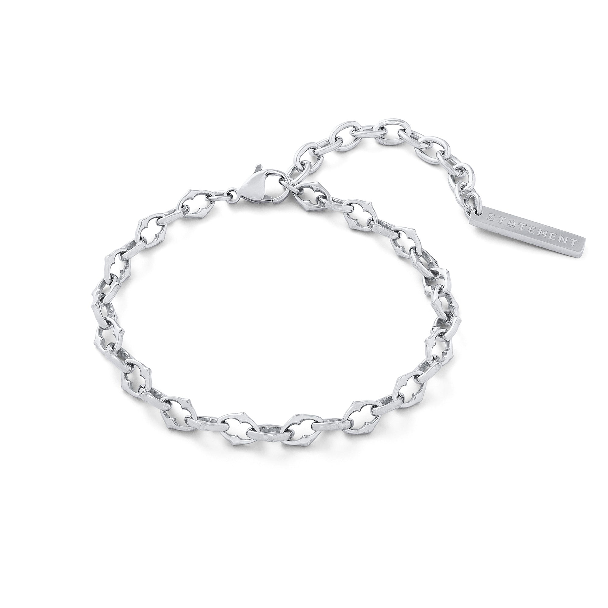 Silver spiked link chain bracelet on white background