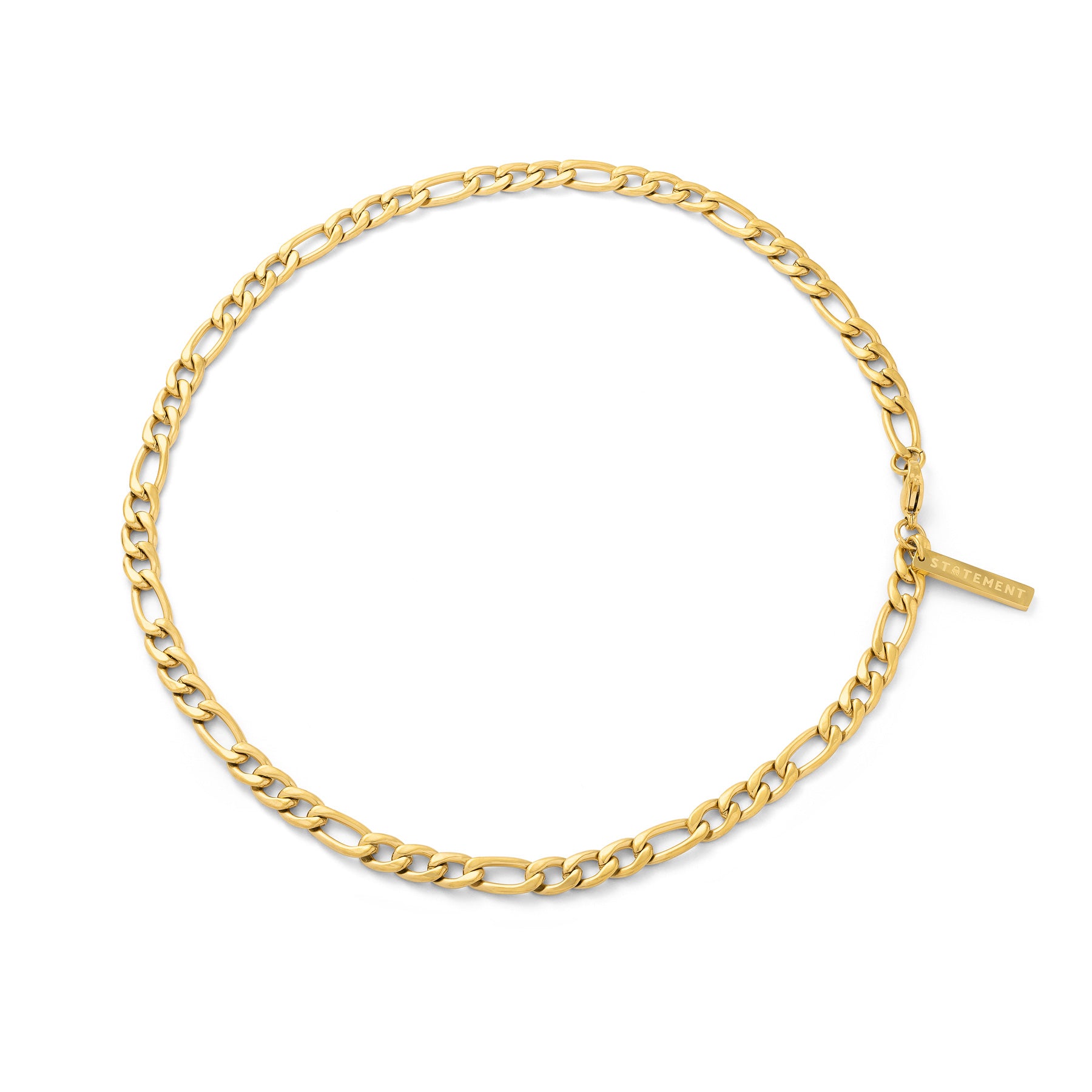 Thick gold Figaro chain necklace on white background