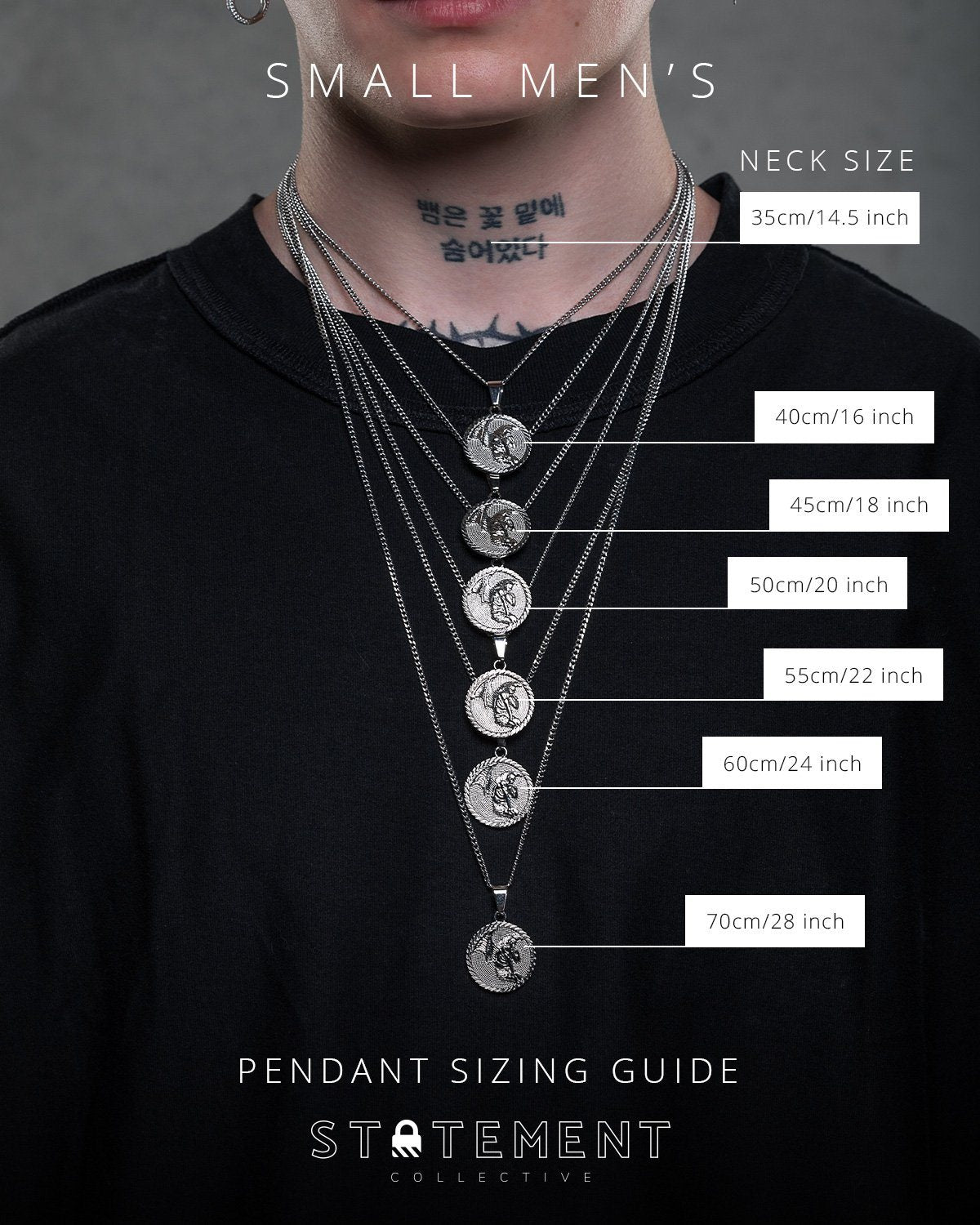 Mens small neck sizing model for butterfly dagger chain
