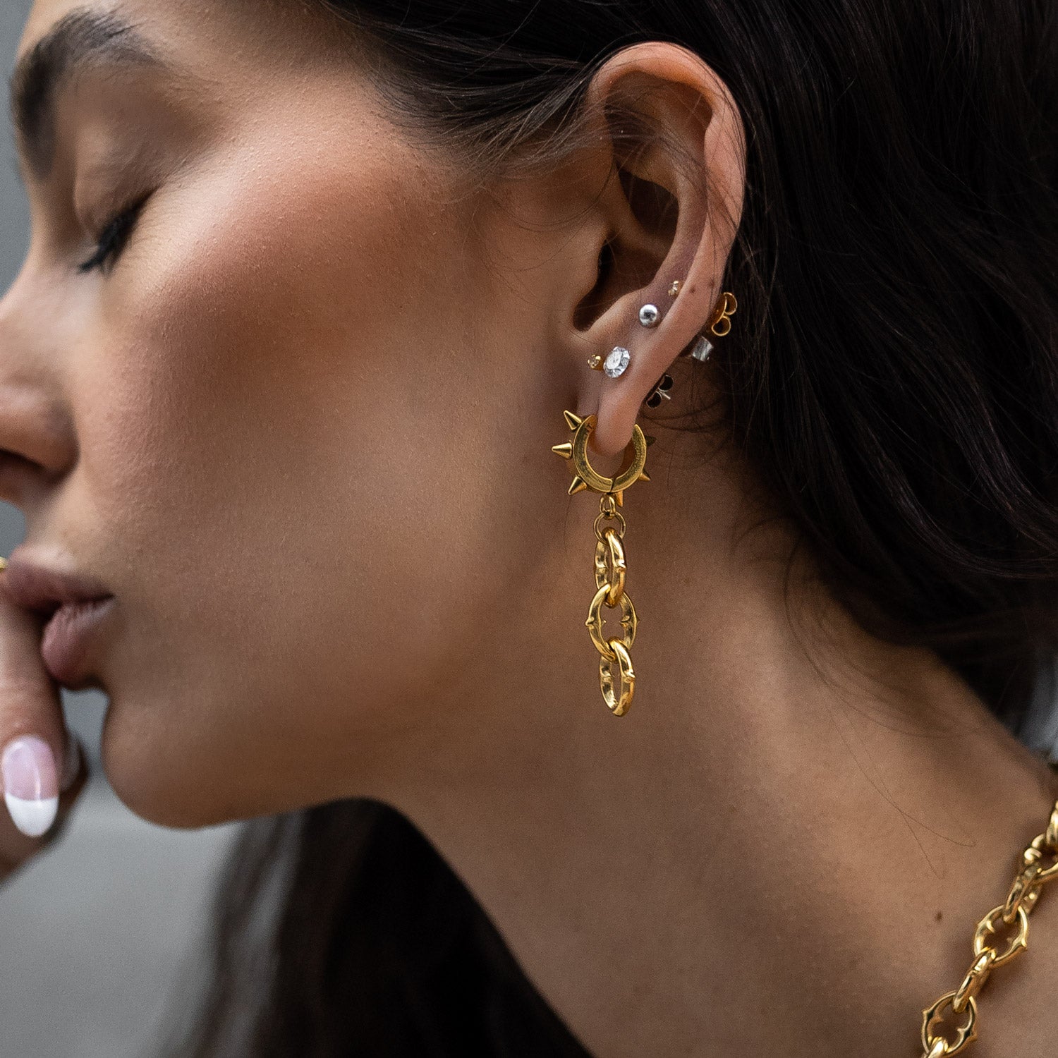 womens spiked hoop drop earrings in gold