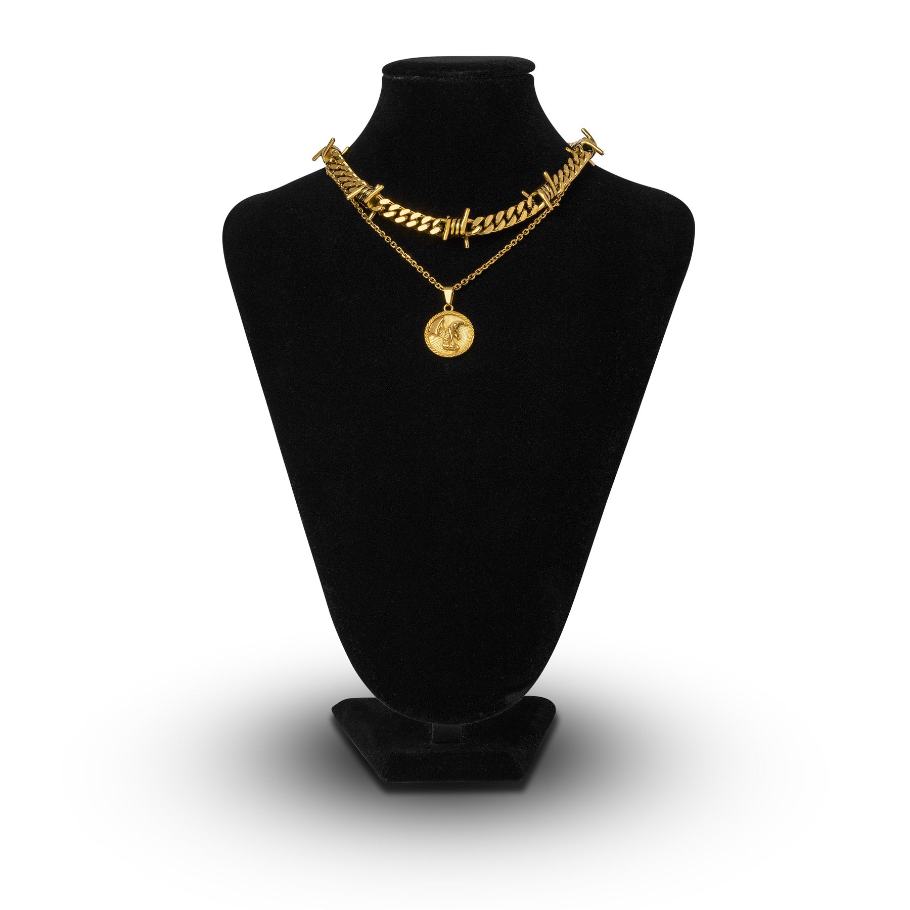gold barbed wire cuban link chain set gold medallion necklace by statement collective 