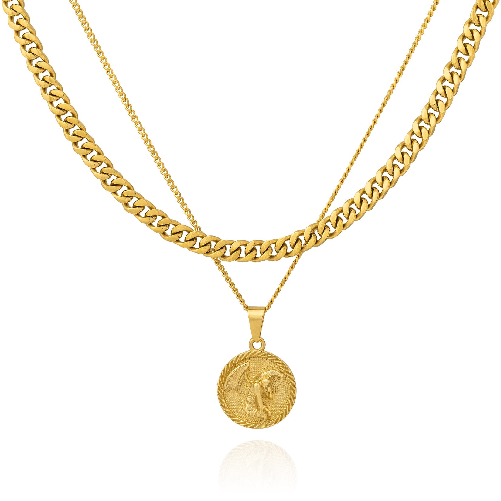 Cuban Link Necklace Set Gold with medallion pendant