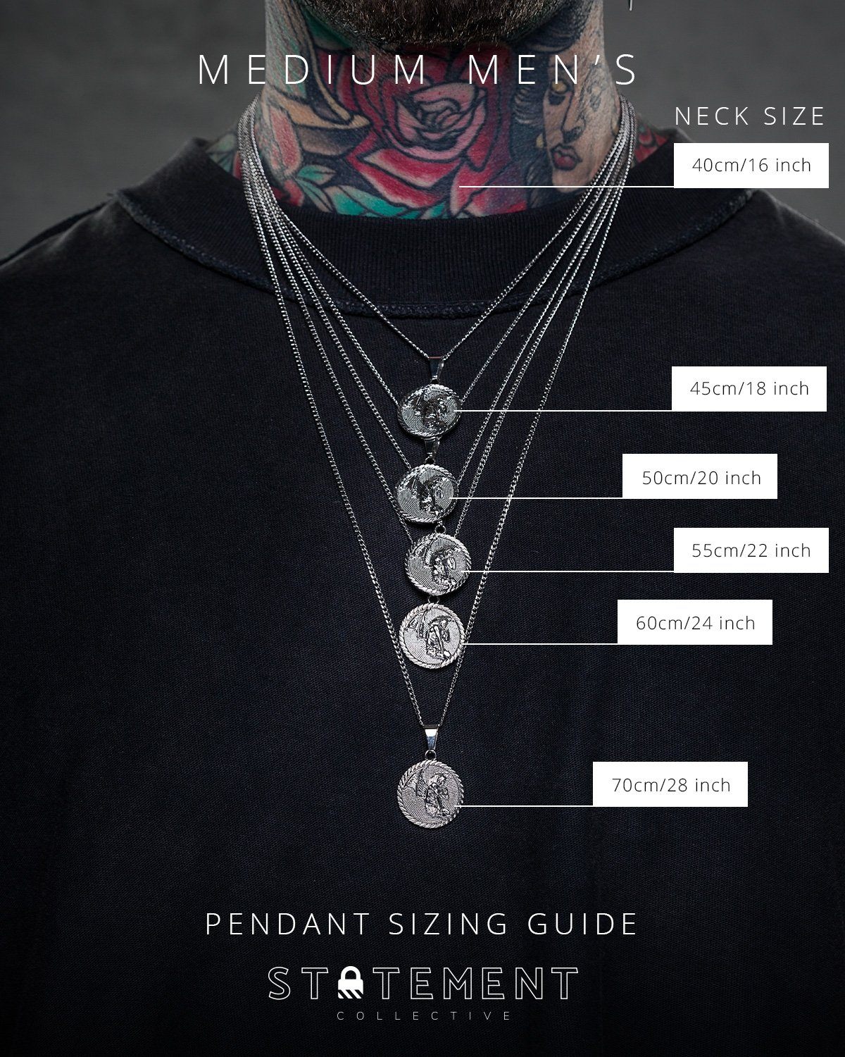 Necklace size examples on man