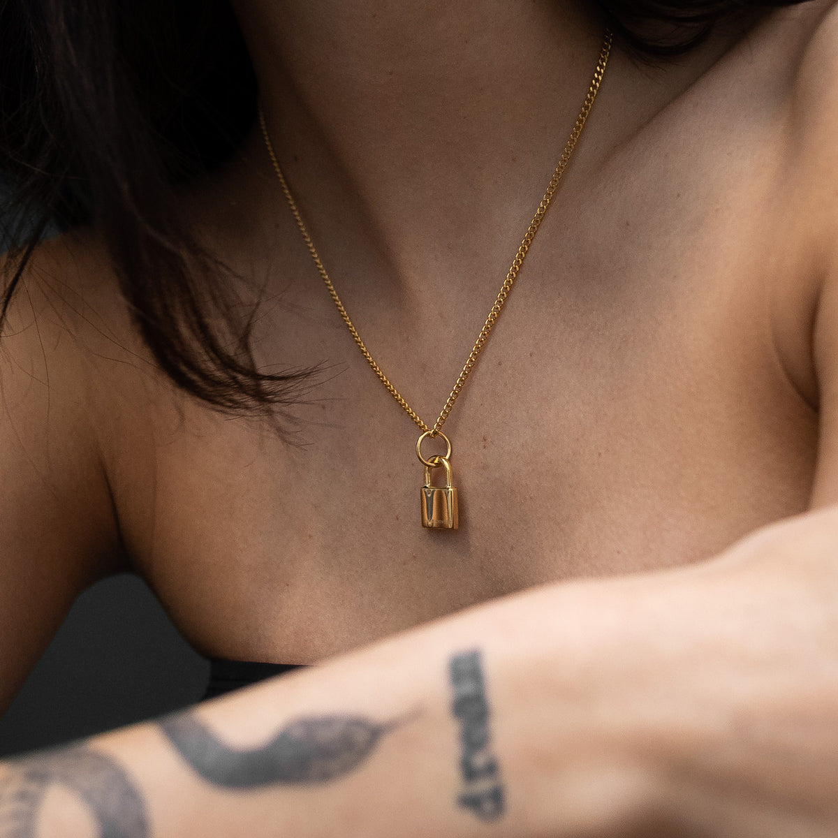 Gold Padlock Pendant Chain for women on model