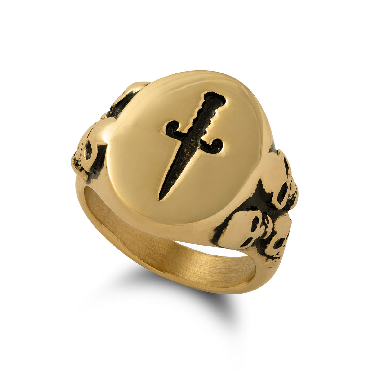 Gold signet dagger ring on white background