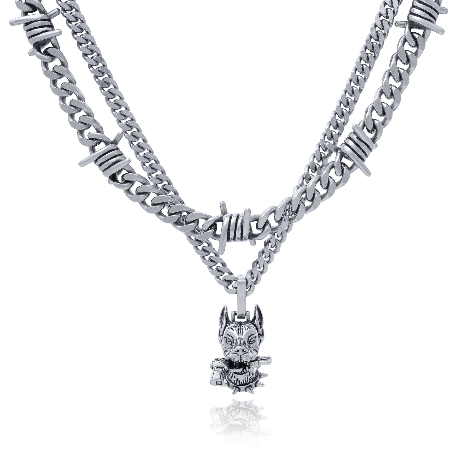 Barbed wire necklace with doberman pendant chain 