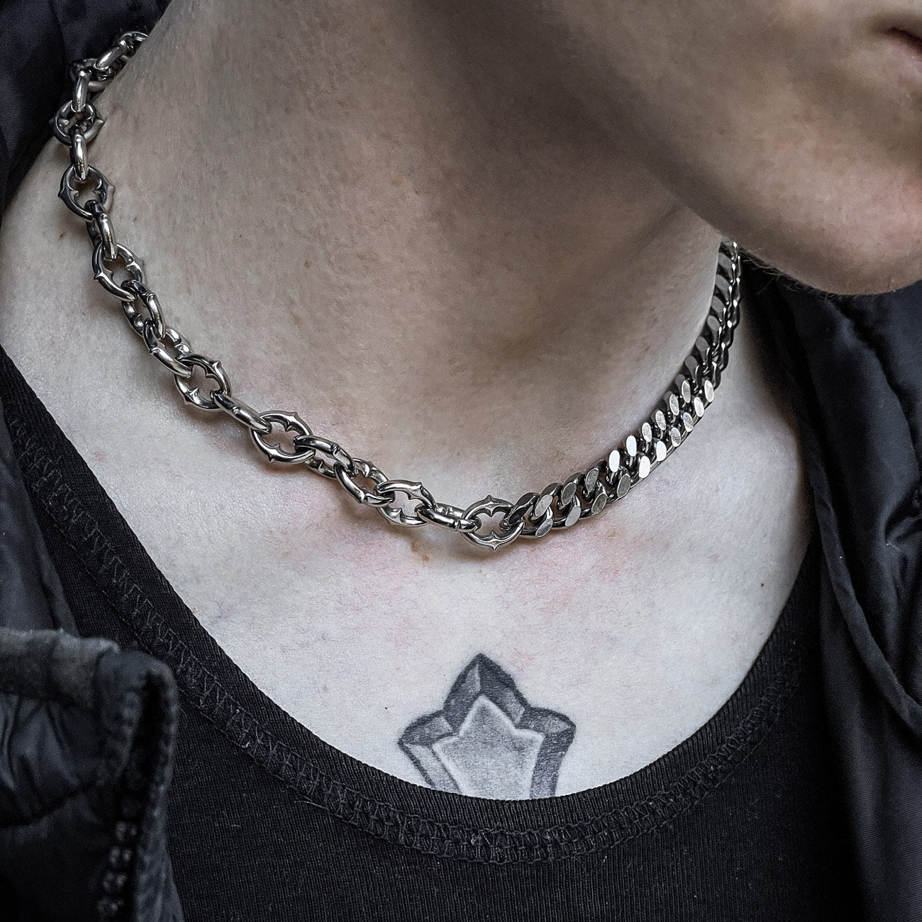 Half & Half Spiked Chain Link Choker (Adjustable) Necklaces STATEMENT 