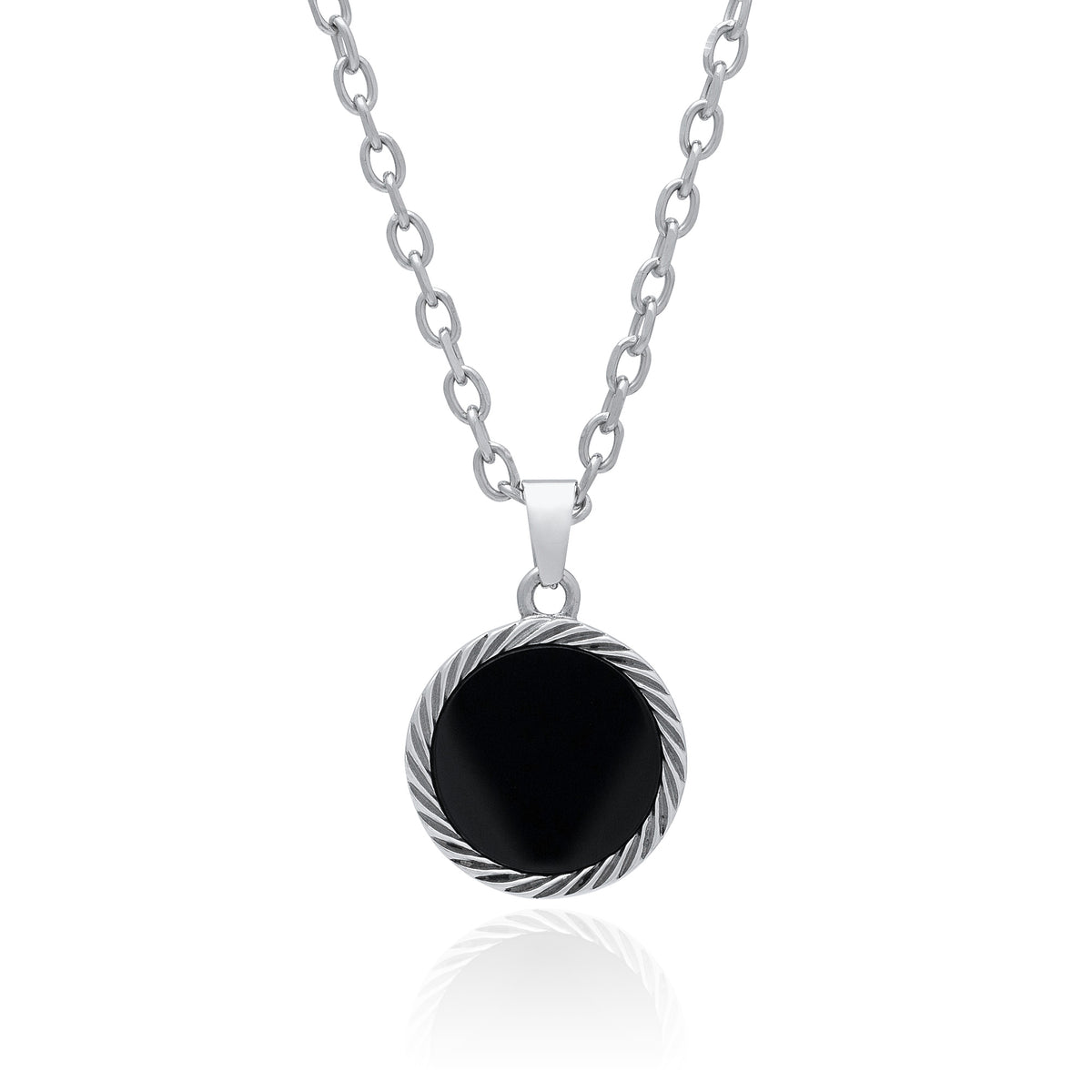 Silver Medallion Onyx Pendant on white background hanging from necklace