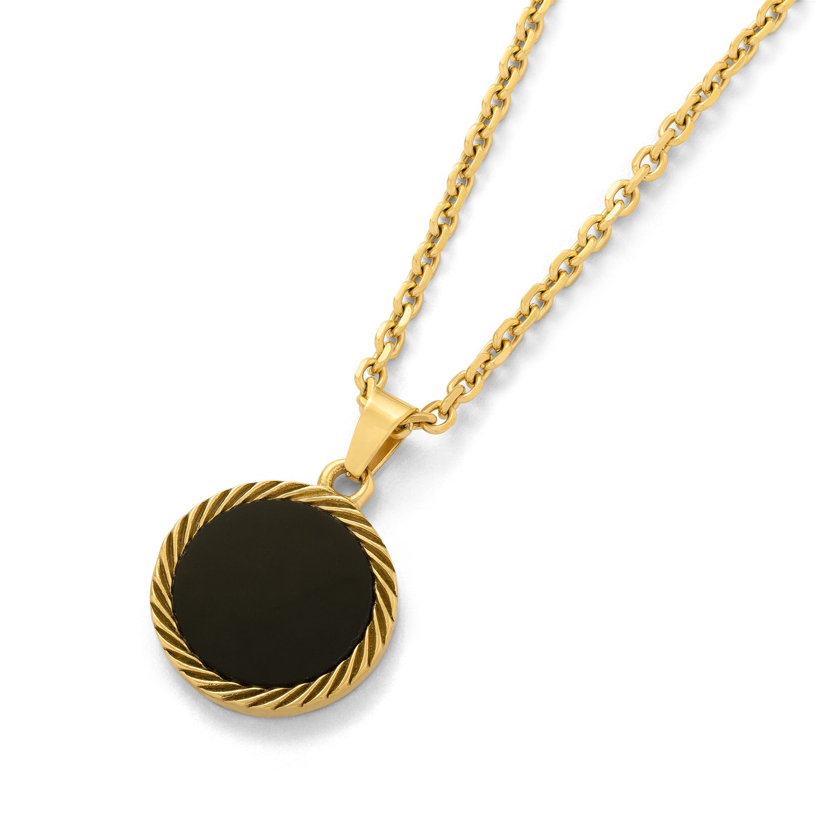 gold circle onyx pendant on white background by statement