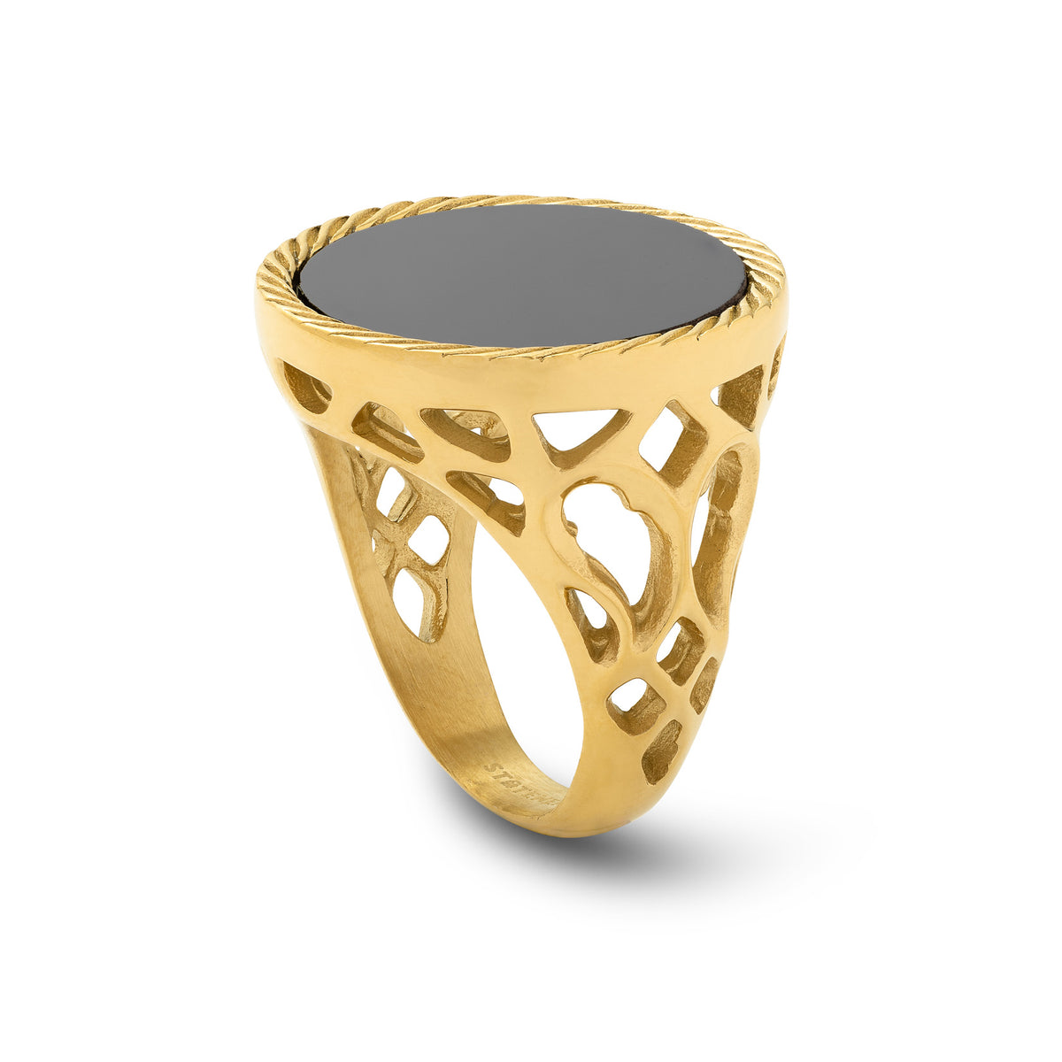 Onyx signet ring in gold on white background