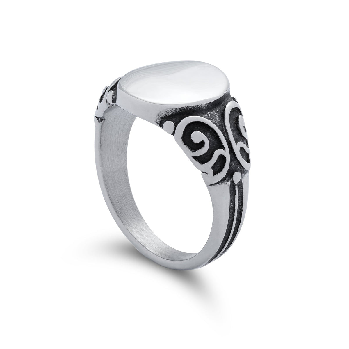silver signet ring with scroll pattern