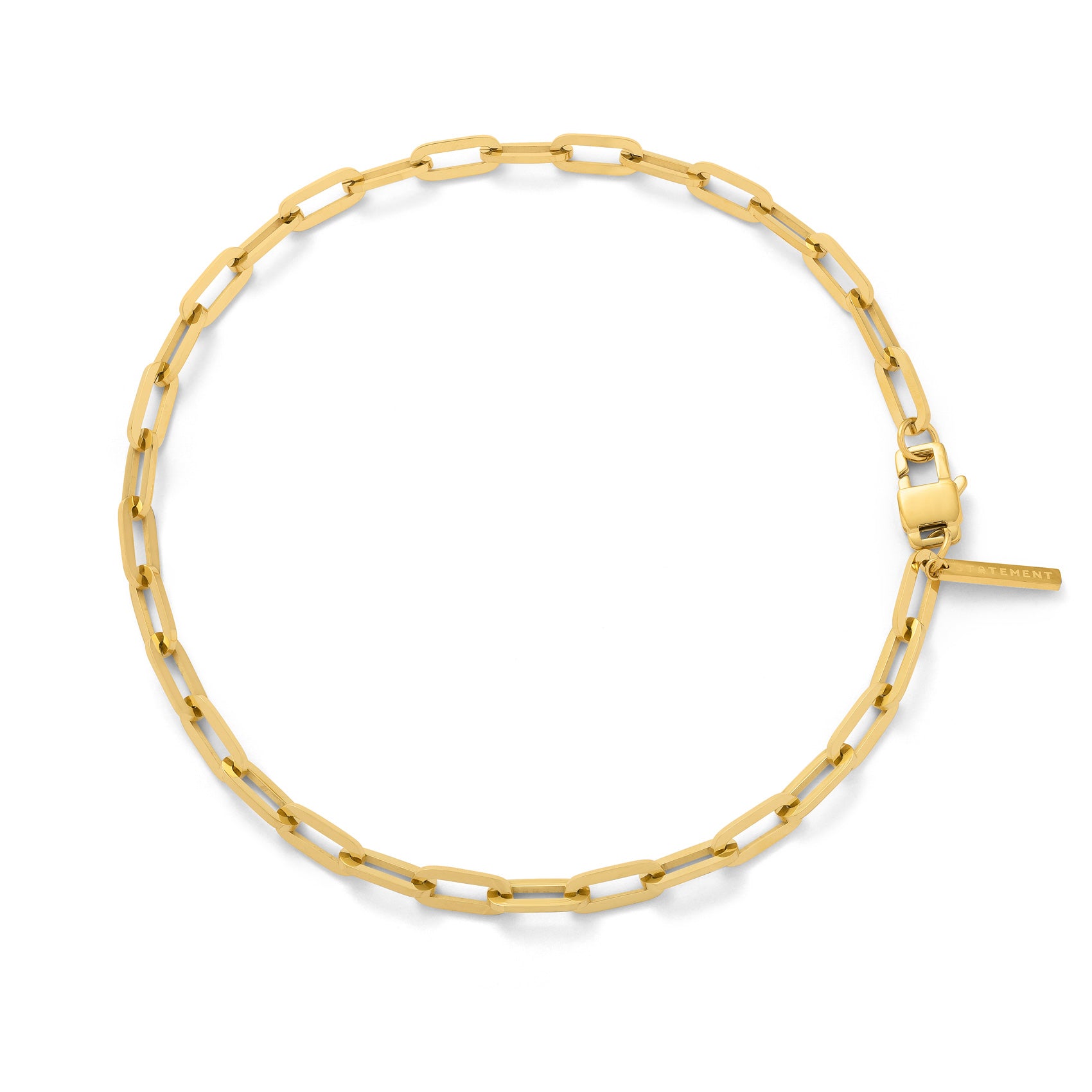 Gold rectangle chain link necklace on white background