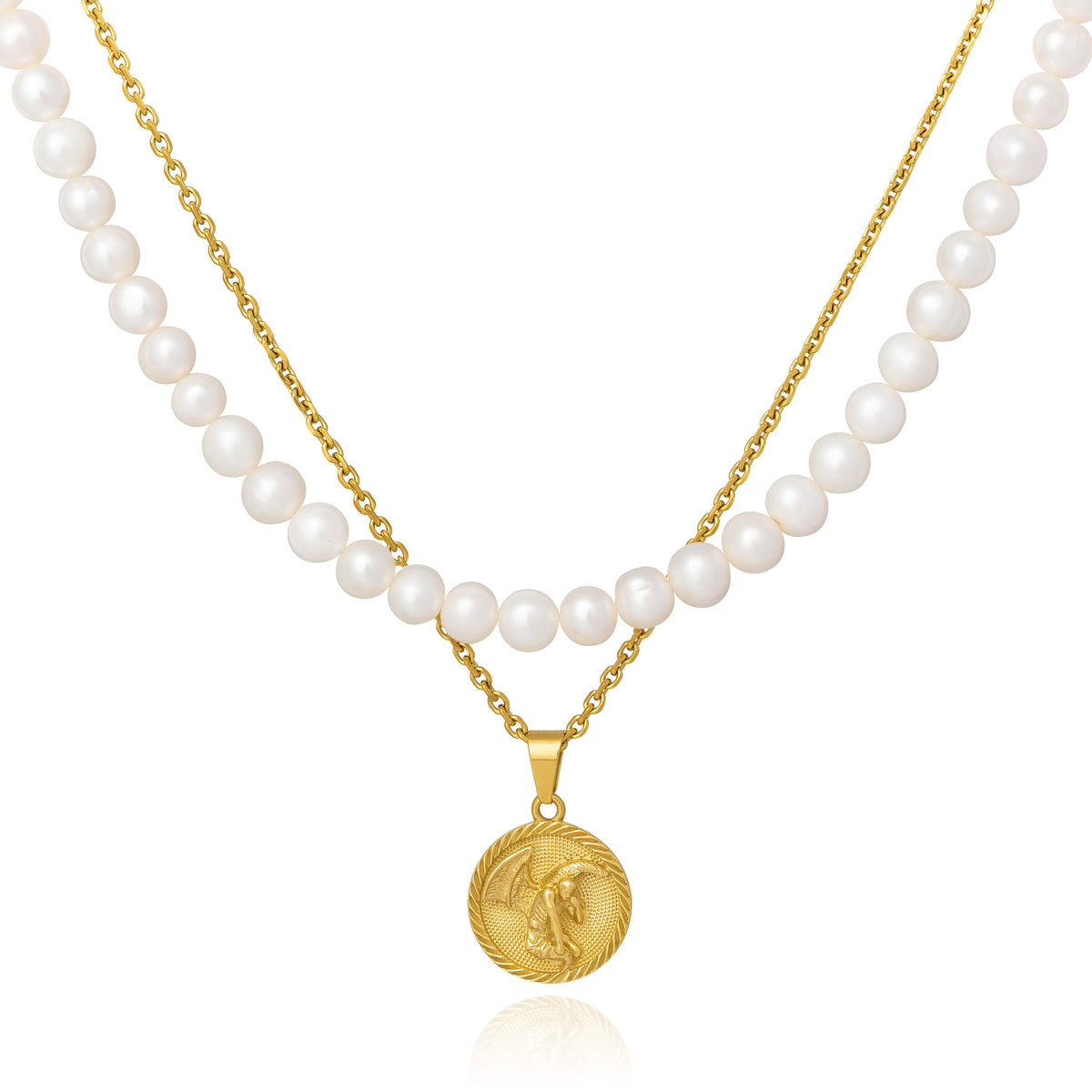 Pearl chain Set gold medallion pendant necklace by statement collective 