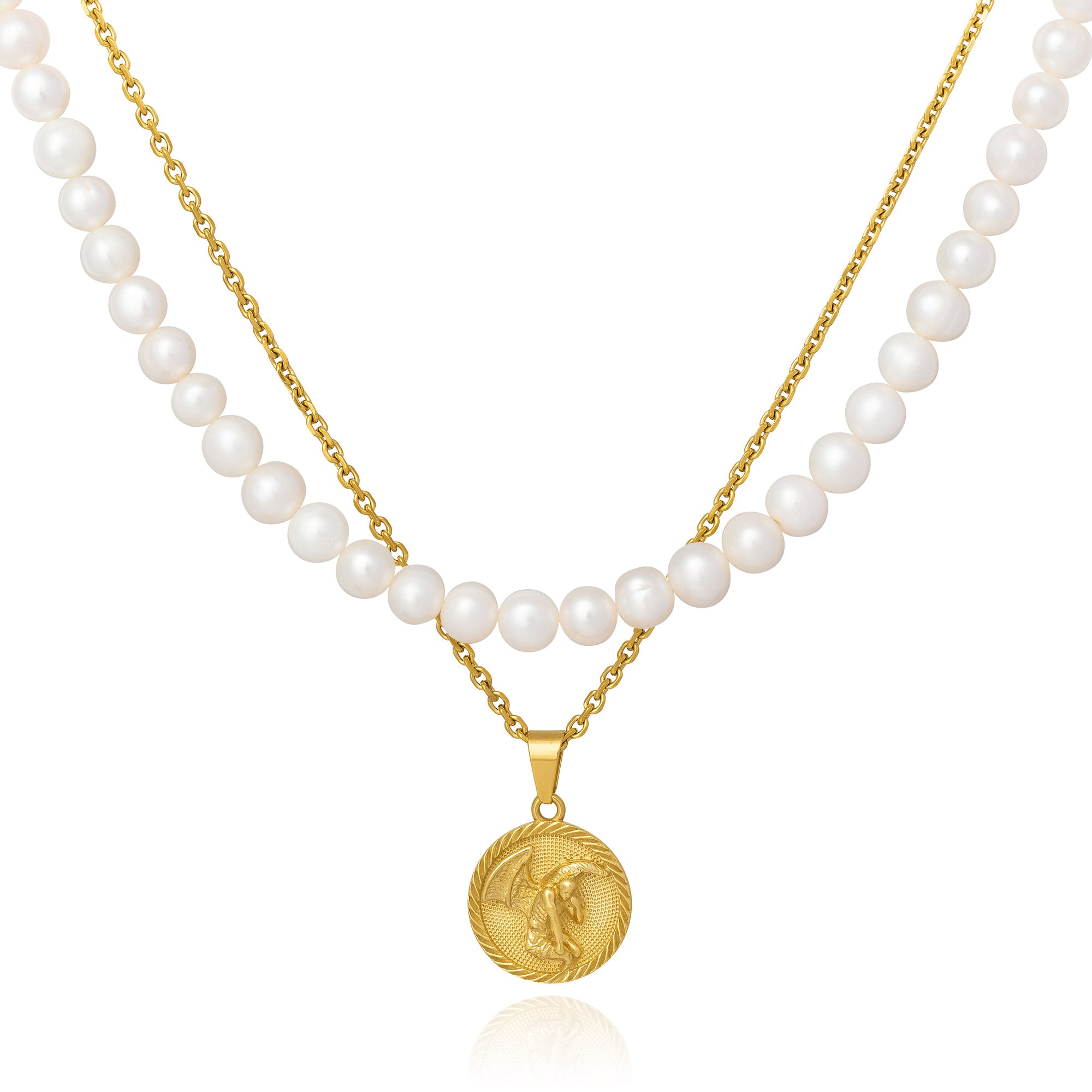 Pearl chain Set gold medallion pendant necklace by statement collective 