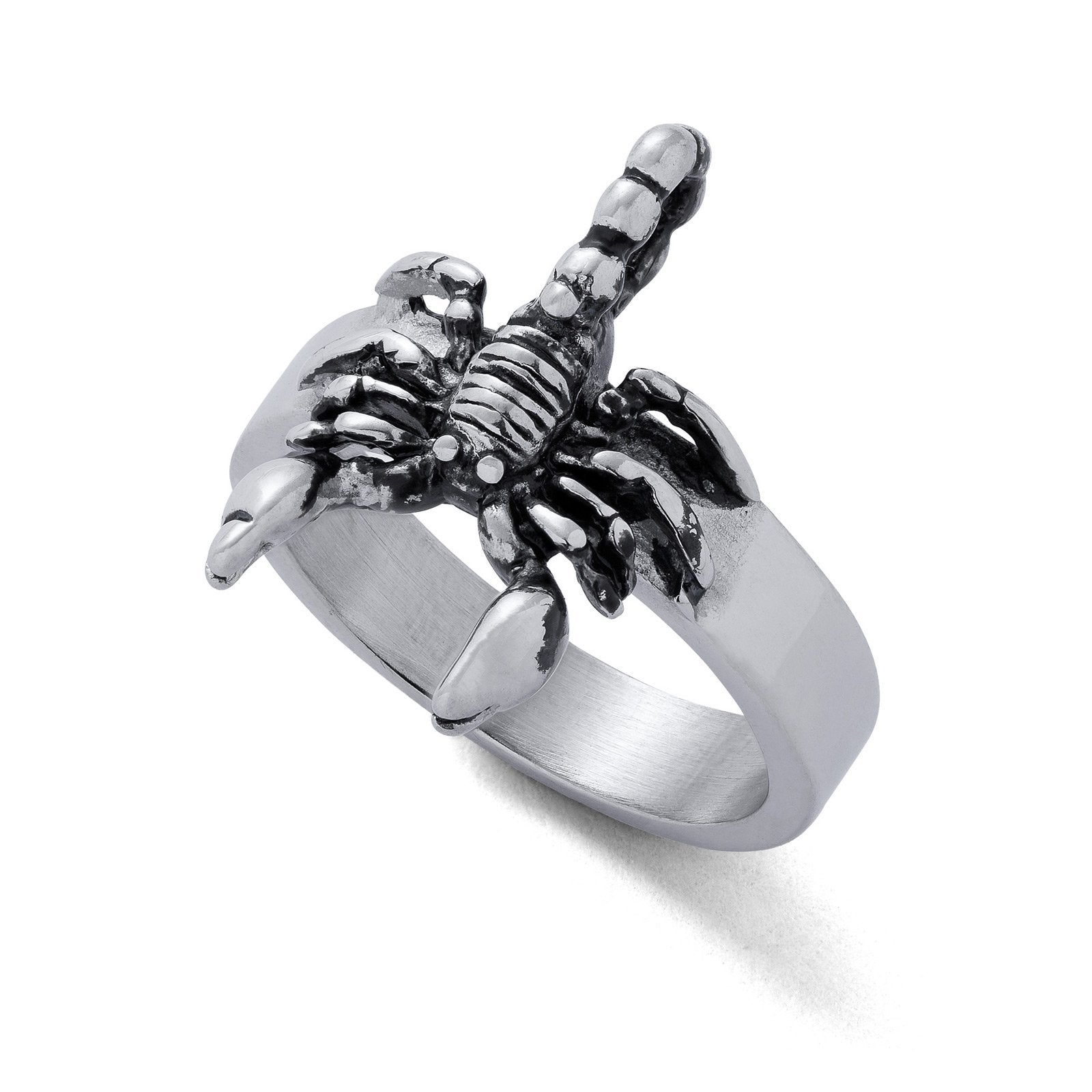 stainless steel scorpion ring on white background by statement collective