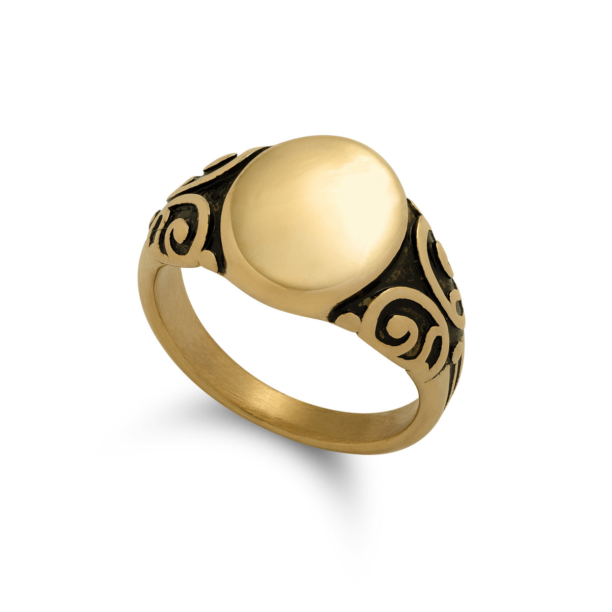 Elegant gold signet ring on white background