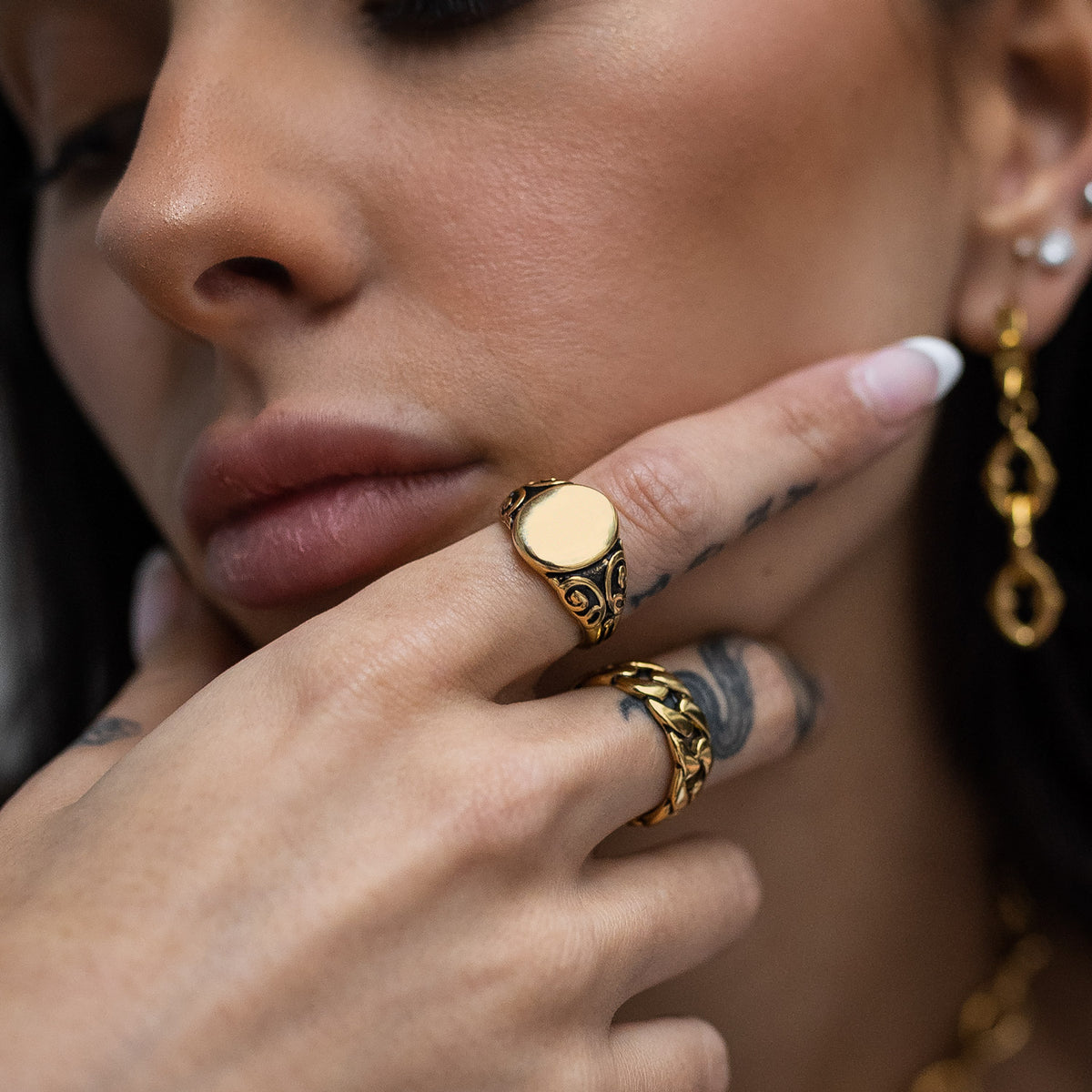 gold signet ring for women on model