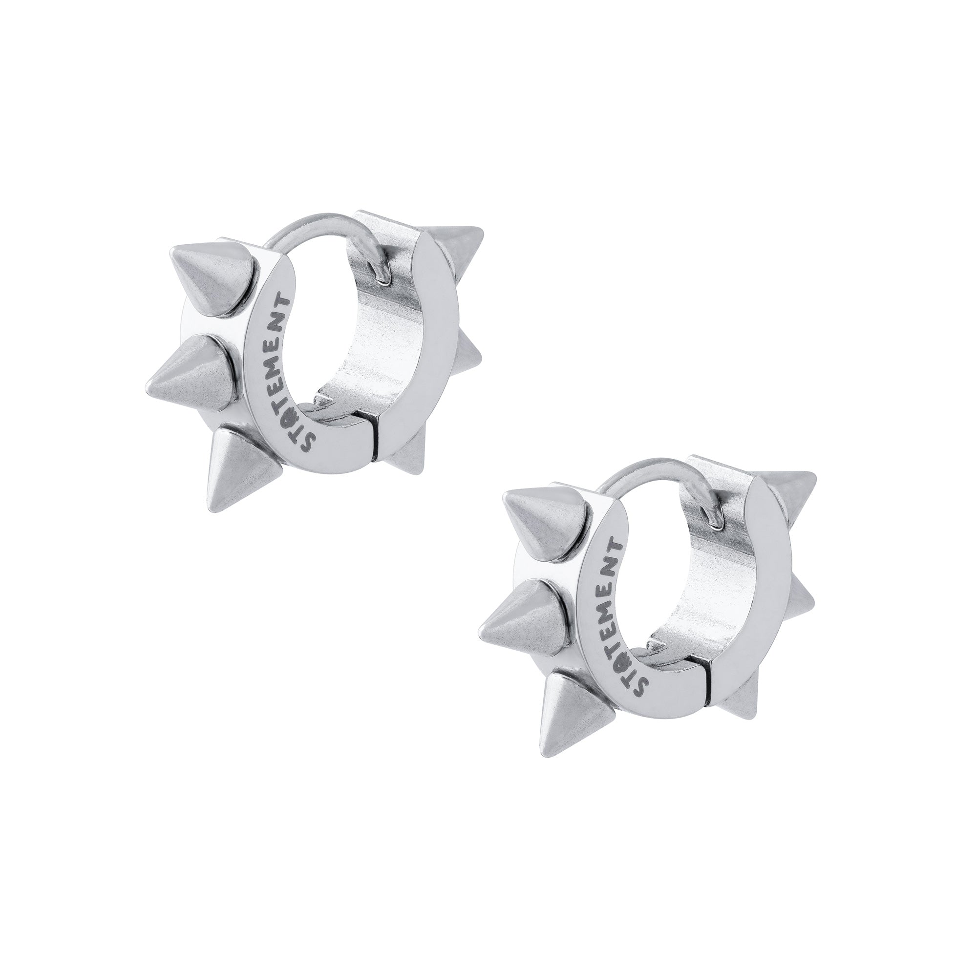 Silver Spiked Huggy hoop earrings unisex on white background