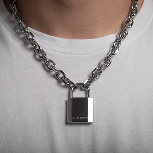 Oversized Padlock Necklace Solid Stainless Steel Chain Silver